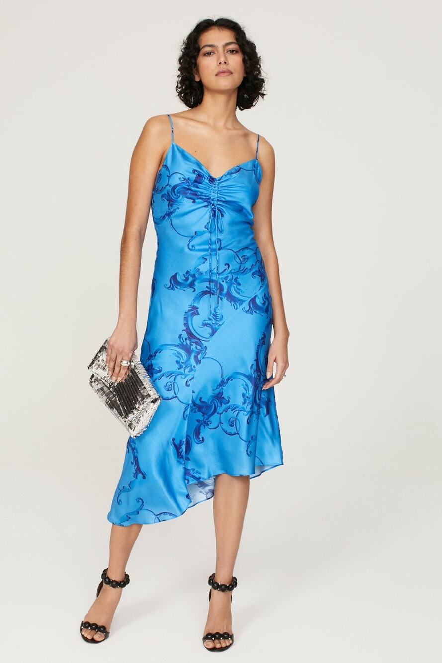 AllSaints Alexia Isabella Blue Tie Dye Asymmetric Sleeveless Midi Dress Size 4